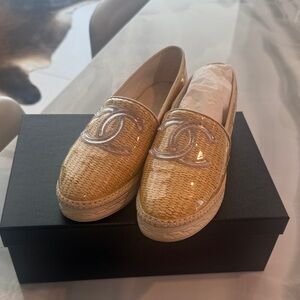 CHANEL Natural Raffia Espadrille Loafers with Clear CC Emblem